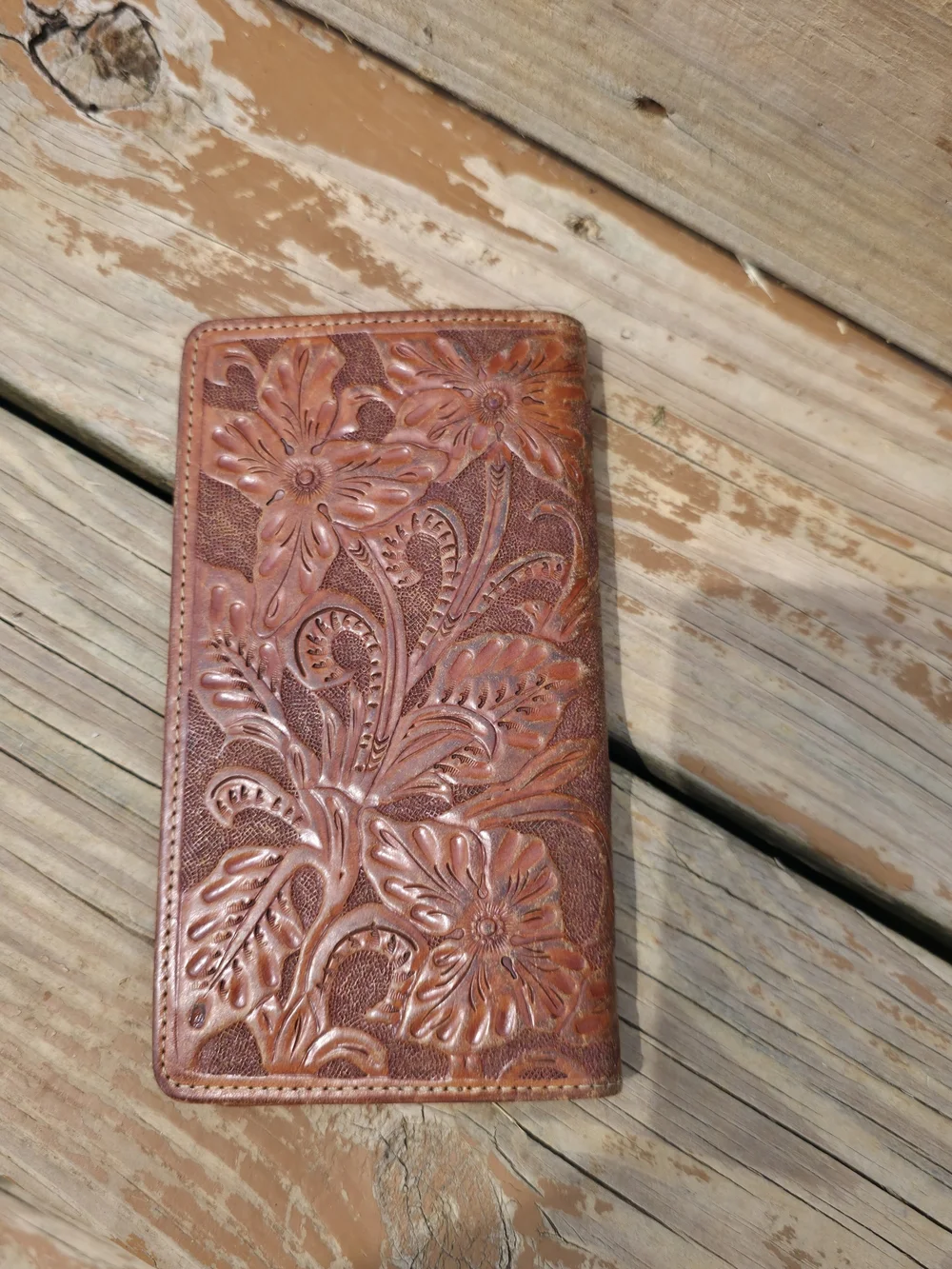 Embossed Floral Leather Wallet - Brown